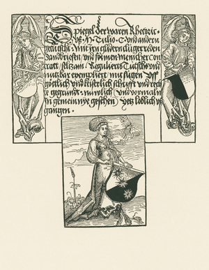 Young woman holding coat of arms, 1493 (woodcut)