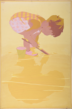 Child with bucket and spade (gouache on board)