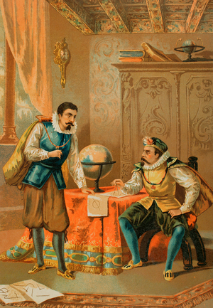 Tycho Brahe (1546-1601) and Johannes Kepler (1571-1630) in the observatory in Prague, (colour litho)
