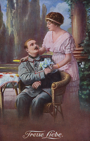 True love: wounded German soldier with his sweetheart (colour litho)
