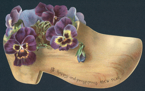 Pansies in Clog, New Year Card (chromolitho)