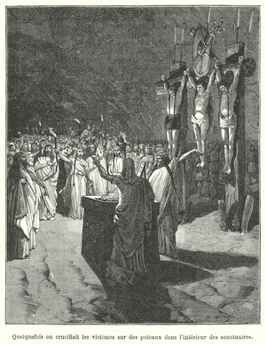 Crucifixion of sacrificial victims inside a sanctuary (engraving)