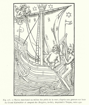 Navire marchand au milieu des perils de la mer; d'apres une gravure sur bois du Grand Kalendrier et compost des Bergiers, in-fol; imprime a Troyes, vers 1490 (engraving)