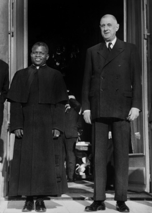 The Abbot Fulbert Youlou, The President of Congo and the French President Charles De Gaulle at The Elysee Palace in Paris, November 20, 1961 (b/w photo)
