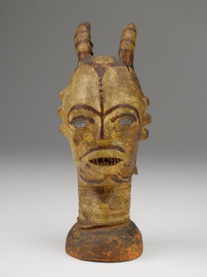 Horned Crest Mask, 20th century (wood, animal skin, metal, and paint)