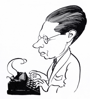 Lion Feuchtwanger with typewriter, caricature