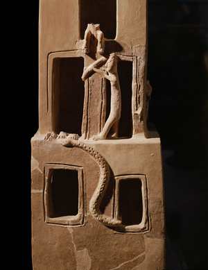 Rectangular incense stand shaped like a two-storied house with windows, human figures and serpents …