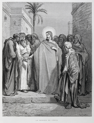 Matthew 22:15-22, Jesus Disputes with Pharisees about Tribute Money, Illustration from the Dore Bible, 1866
