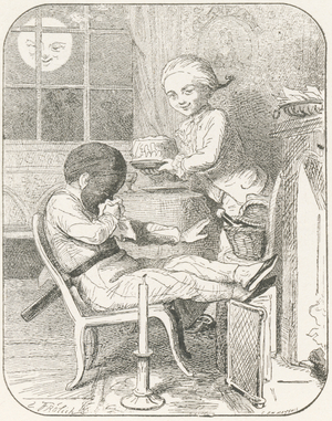 Arlequin brings a paste and a sealed bottle of wine (verse 7), 1880 (engraving)