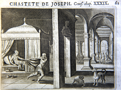Joseph's Chastity/Temptation. Gen. 39 Wood engraving from French Bible 1687