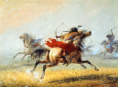 Wyoming, South of North Dakota: plains indian on horse bending a bow back, 19th century (print)