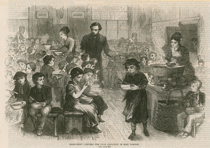 Halfpenny dinners for poor children in East London (engraving)