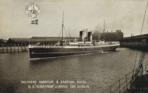 Holyhead Harbour and Station Hotel, SS "Hibernia" leaving for Dublin (b/w photo)
