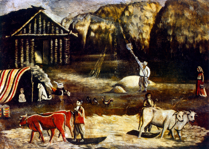 Farm scene, 1904, by Niko Pirosmani (18621918), Russian, Georgian primitivist painter, who posthumously rose to prominence.