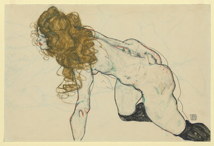 Crouching Female Nude with Blonde Hair and Resting Left Arm (recto), 1914 (gouache and pencil on paper)