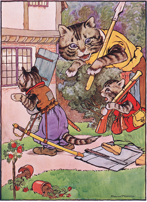 A cat with her kittens creeps up to the house, illustration from 'The Frog would a Wooing Go', by Charles H. Bennett, 1916 (colour litho)