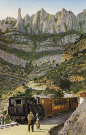 Montserrat: La muntanya des del pas nivell; La montana desde el paso a nivel (coloured photo)