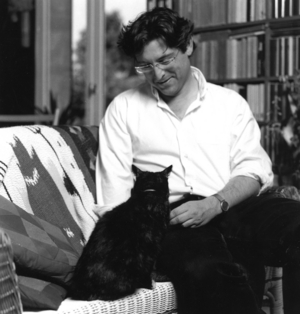 Michel Onfray and his cat (b/w photo)