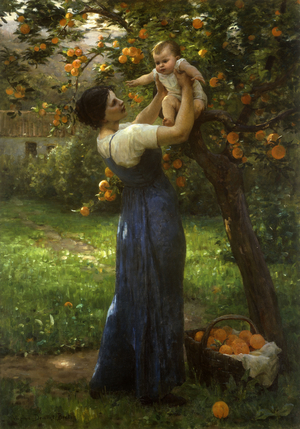 Mother and child in an orange grove (oil on canvas)