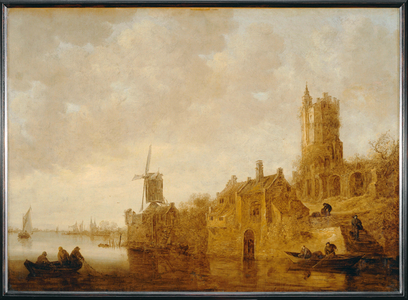 Paysage fluvial avec moulin et chi¢teau en ruines ...