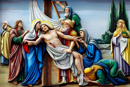 The body of Jesus is taken down from the cross.  Vietnam.(relief)