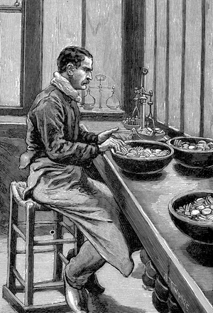 Paris Mint: Testing weight of gold pieces. Wood engraving 1892