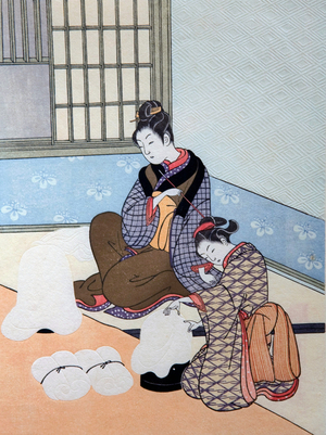 Japan: 'Evening Snow' - preparing silk bundles. Suzuki Harunobu (1724-1770)
