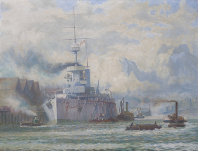 HMS Lion being repaired at Elswick following the Battle of the Dogger Bank (oil on canvas)