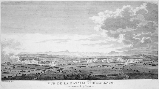 Field of the Battle of Marengo, 14 June 1800 at the moment of victory. French forces under Napoleon defeated Austrians. Engraving.