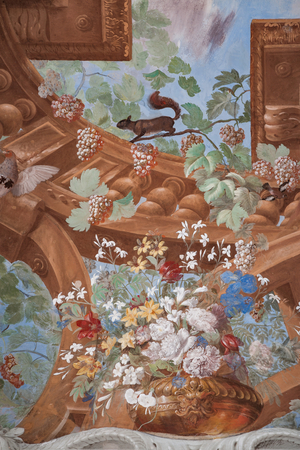 Wine shoots, grapes, flowers and a squirrel, detail, 1650 - 52 (wall tempera painting)