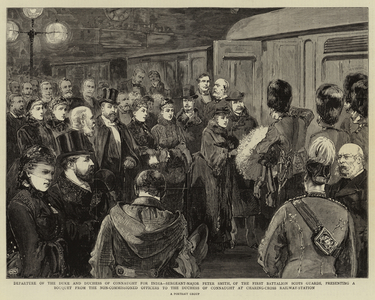 Departure of the Duke and Duchess of Connaught for India, Sergeant-Major Peter Smith, of the First Battalion Scots Guards, Presenting a Bouquet from the Non-Commissioned Officers to the Duchess of Connaught at Charing-Cross Railway-Station (engraving)