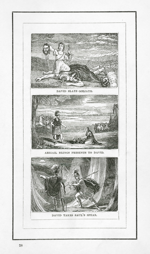 David Slays Goliath; Abigail Brings Presents To David; David Takes Saul's Spear (engraving)