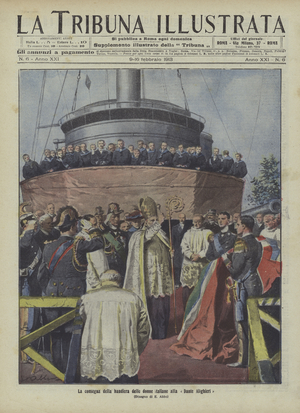 Presentation of the flag of Italian women to the new battleship Dante Alighieri (colour litho)