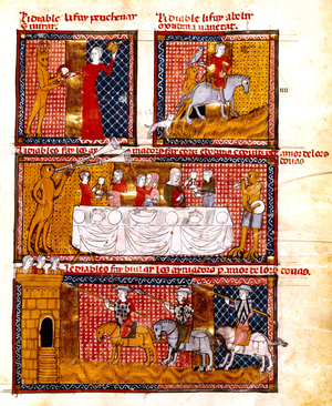 feast meal in the middle ages and (l) the devil, miniature from Breviary of Love ( Breviari d' Amore ) by Matfre Ermengau de Beziers (-c. 1322) in 1288-1322, 14th century