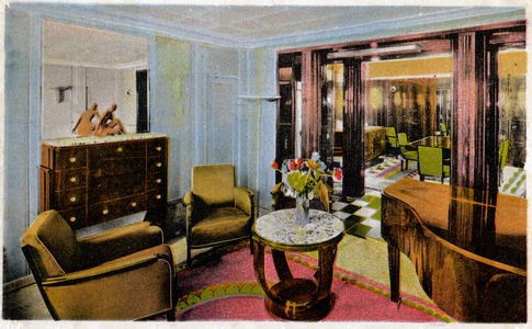 A luxury suite in the liner Le Normandie, 1938 (postcard)