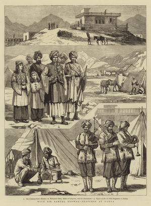 With Sir Samuel Browne, Sketches at Dakka (engraving)