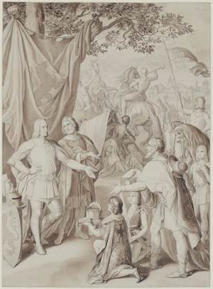Study for the Munich Residenz: Rudolf von Habsburg receiving the Imperial insignia outside the besieged city of Basel in 1273, c.1837 (pen and brown ink and brown wash over graphite)