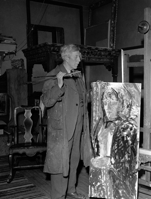 Oslo 19510224 painter Henrik Sørensen in his studio, working on a painting …, 1951 (photo)