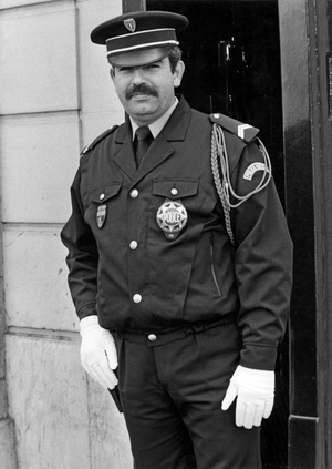 Policeman with the new uniform, Paris, October 15, 1985 (b/w photo)