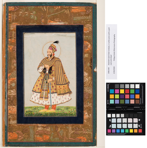 Abdullah Qutb Shah nimbate, in white jama with a gold coat and shawl, c.1680 (opaque w/c & gold on paper)