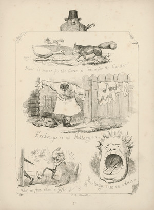 Page from Proverbs with Pictures by Charles H Bennett, 1859 (engraving)