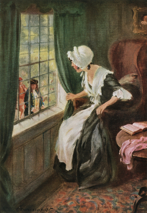 Mrs Wadman sat behind the window-curtain watching their approach (colour litho)
