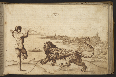 Add. 82955, f.124 Human figure and a creature ('Mantichora'.), from Historia Animalium, (consisting of 245 pen-and-ink drawings of different species of animals and mythical creatures, each accompanied by a description.) 1595