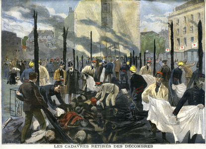 The burning of the Bazaar of Charité, the corpses removed from the rubble by the rescuers, 1897 (lithograph)