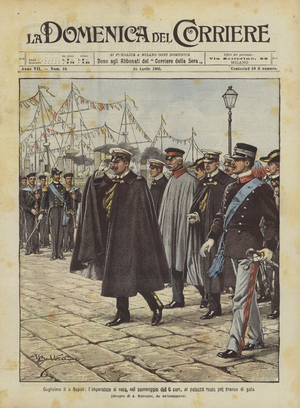 William II in Naples, the emperor goes, on the afternoon of the 6th Corr, to the Royal Palace for a gala lunch (colour litho)