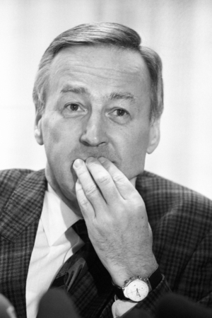 Franz Steinkühler (Germany chairman of IG Metall) during a press conference in Bonn, thoughtfulness..., 1991 (photo)