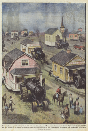 A small town walking in the prairies (colour litho)