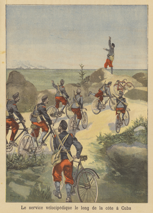 Spanish bicycle troops on the Cuban coast during the Spanish-American War (colour litho)
