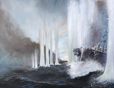 HMS Warspite circles HMS Warrior, Jutland 31st May 1916, 2018 (oil on canvas)
