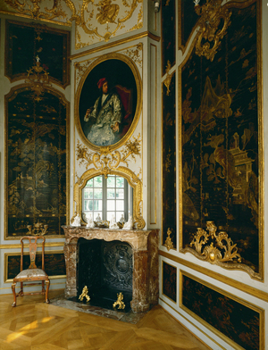 Lacquer room, portrait above chimney: Prince Elector Clemens August in his dressing-gown holding a cup of tea, Falkenlust Castle …